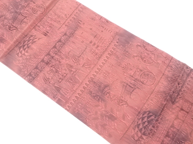 纐纈横段に壁画人物模様織出し全通袋帯